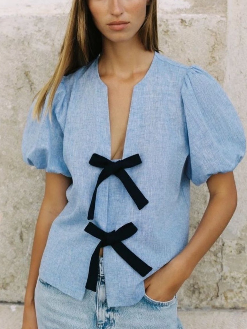 ZARA linen blouse with front bow tie closure